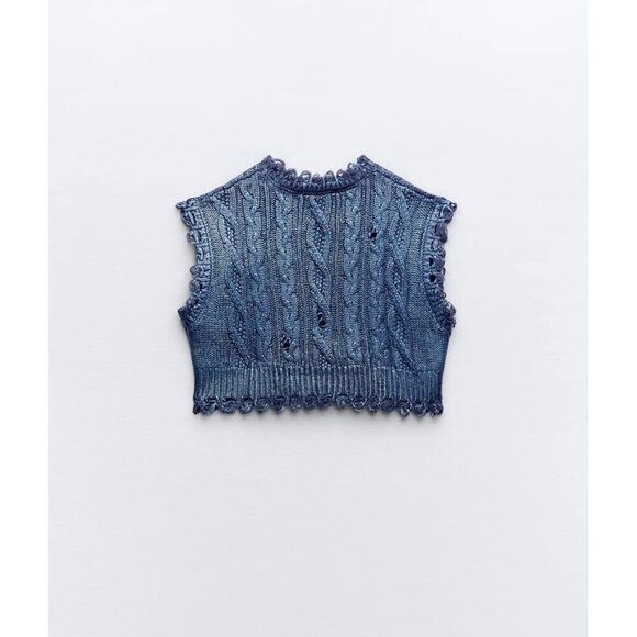 NWT Zara blue cable knit cropped metallic vest sleeveless sweater, S - Picture 7 of 12